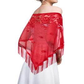 Geyoga Triangle Lace Shawls Women's Floral Lace Wraps with Tassels 1920s Scarf for Wedding Evening Party Dresses(Red)