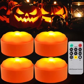 ABMTech - Luces LED de calabaza de Halloween con temporizador y mando a distancia, funciona con pilas, color blanco cálido, luces de calabaza parpadeantes, decoración de Halloween, Jack-O-Lantern para