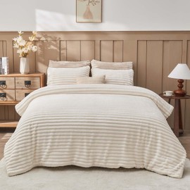 Jameswish Fluffy Comforter Queen Set - Soft Flannel Faux Fur Comforter Cream White Winter Warm Fleece Bedding Set, Fuzzy Bed Bet 3 Pieces, 1 Shaggy Comforter with 2 Pillowcases