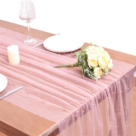 Dlpafzy Dusty Rose Pearl Spring Summer Table Runner Boho Rustic Tulle Lace Mothers Day Table Runner for Baby Shower Wedding Arch Decor Veil Dessert Table Decor