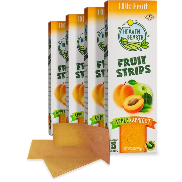 Heaven & Earth Tiras de frutas sin gluten de manzana y albaricoque, 2.5 onzas (paquete de 4), 100% fruta, vegano, sin azúcares, colores ni saborizantes añadidos