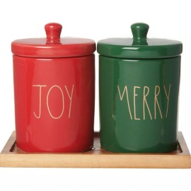 Rae Dunn Joy and Merry Container Set 2-Piece Christmas Red & Green with Tray
