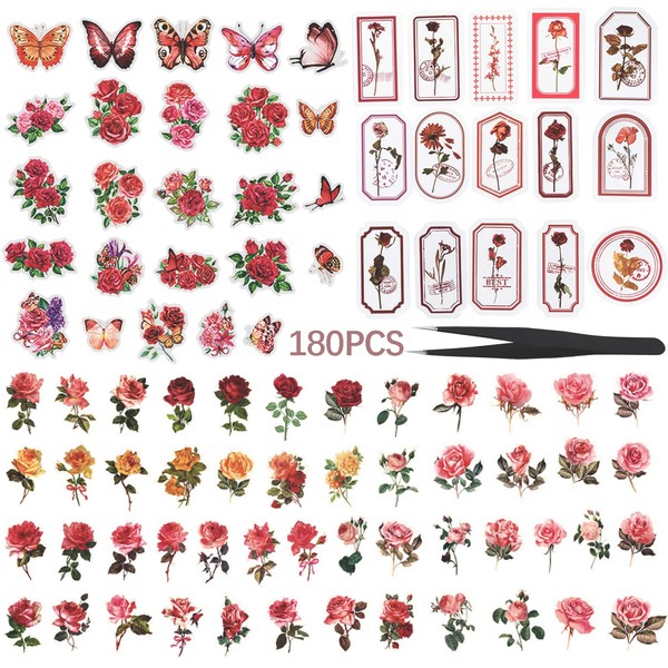 ZFKXGS Pack of 180 Stickers Flowers Rose Scrapbook Accessories Set