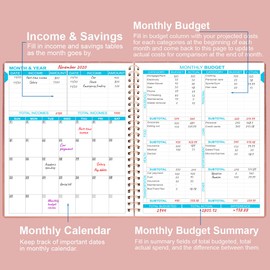Budget Planner & Monthly Bill Organizer with Pockets. Expense Tracker Notebook, Budgeting Journal and Financial Planner Budget Book to Control Your Money, 8" x 9.5", PU Leather, Rose