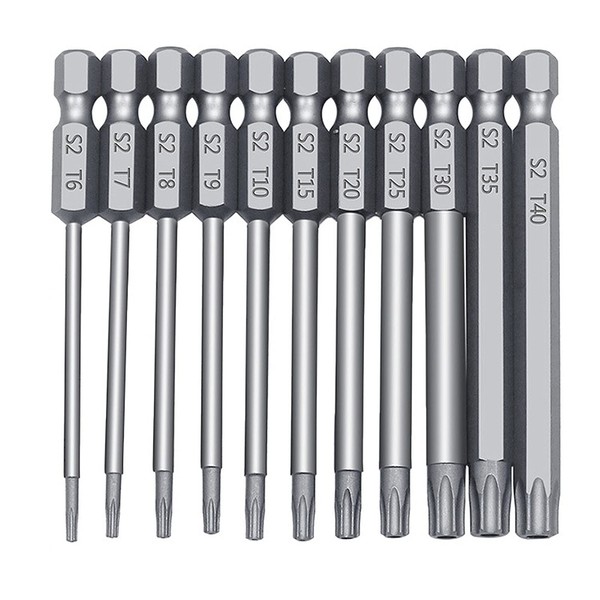 Torx Screwdriver Bit, Set of 11, Hollow Torx Head, 3.0
