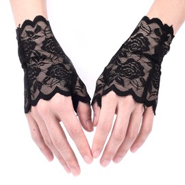 KINBOM Lace Gloves Fingerless, Flower Pattern Bridal Gloves for Wedding Short Gloves Lace for Women Tea Party Prom Masquerade, One Pair (Black)