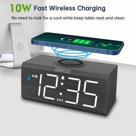 DreamSky DreamSky Wooden Digital Alarm Clock with Wireless Charging for Bedroom, Bedside Nightstand Clock with Charger Station, USB Port, Large Numbers, Adjustable Volume, Brightness Dimmer, DST