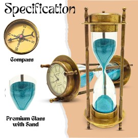 Black Antique Brass Compass Hourglass Nautical Maritime Sand Timer & Desk Clock Vintage Hour Glass Metal Sand Watch Sand Clock Decorative Sandglass for Gift & Home Desk Office Decor (Old Antique)