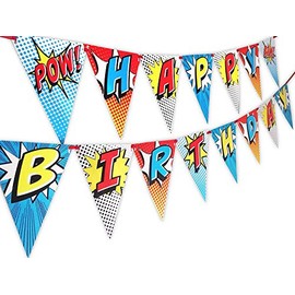 POP parties Superhero Happy Birthday Banner Pennant - Superhero Party Supplies - Superhero Decorations - Red