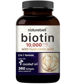 NatureBell Biotina 10000mcg + ácido hialurónico 25mg | 360 cápsulas blandas de aceite de coco, suplemento de biotina premium para cabello, piel y uñas