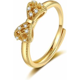 Bow Ring Fashion Jewelry CZ Crystal Diamond Bowknot Open Adjustable Ring for Women (Golden, One size)