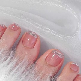 French Tip Press on Toe Nails Pink Fake Toe nails with Nail Glitter Designs False Toenails Square Glue on Toenails Pink Stick on Toe Nails Glossy Acrylic Toenails Full Cover Artificial Toenails