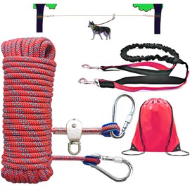 Dog Tie Out Cable for Camping, Dog Trolley System and 4ft Bungee Leash for Dogs Up to 400lbs, Suitable for Camping, Yard and Outdoor Events (Red25, 50Ft)