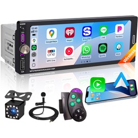 6.9" Single DIN Car Radio with Wireless Apple CarPlay, Car Bluetooth 5.2, AM FM Radio, IPS Touchscreen 1280x480, Backup Camera, Type-C Fast Charging, USB, 180W Subwoofer, Android Auto, GPS Navigation