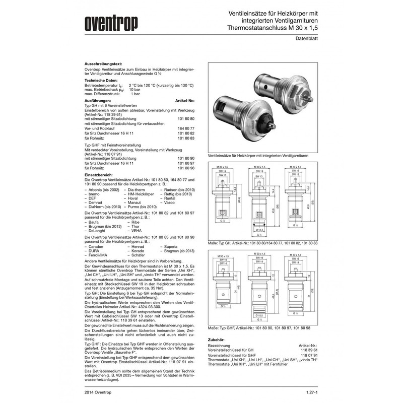 Oventrop Insert GH with Rohrsitz Voreinstellwerten