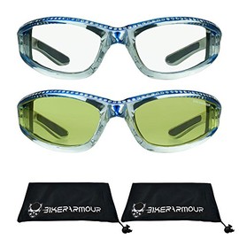 Chrome Frame Anti Glare Mirrored Motorcycle Sunglasses with Rhinestones Foam Padded for Women (Blue Clear + Blue Yellow)
