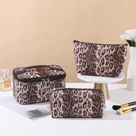 Kaxich 3PCS Leopard Print Makeup Bag Set, PU Leather Cosmetic Pouch Organizer Large Toiletry Bag with Zipper Closure for Women Girls (Dark Curry)