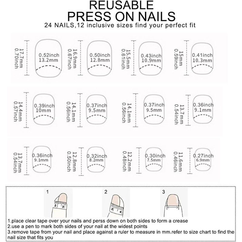 Juego de 24 piezas de uñas elegantes a presión, cubiertas