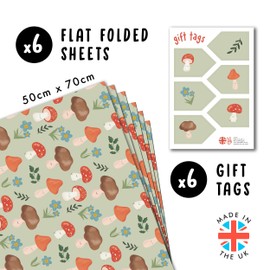 Mushroom Wrapping Paper - 6 Sheets Green Wrapping Paper for Her - Sweet Mushrooms and Flowers - Wedding Birthday Christmas - Recyclable - by Central 23