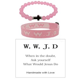WWJD Braided Rope Bracelet Set for Women Men Colorful What Would Jesus Do Crystal Beaded Bracelet Natural Stone Cross Stretch Bracelet Protection Pray Inspirational Religious Christian Jewelry-Pink