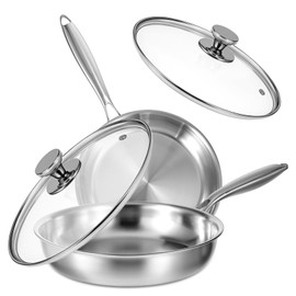 FdcZeyxior Tri-Ply Stainless Steel Frying Pan Set, 10 Inch and 11Inch, Induction Ready Egg Pan Stainless Cooking Pans with Lid, Dishwasher Safe, Oven Safe