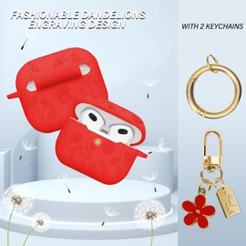 AIIEKZ Flower Engraved Case Compatible with AirPods 3, Soft Silicone Case for AirPods 3rd Generation with Cute Flower Keychain and Carabiner for Girls Women (Red)