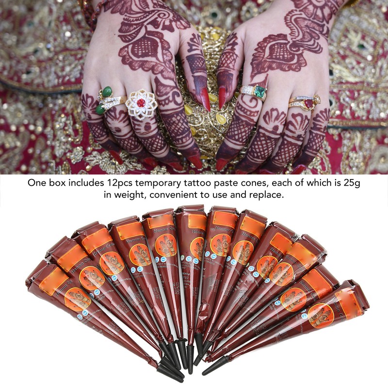 12PCS Temporary Tattoo Paste Cones Brown India Hand Painting Drawing