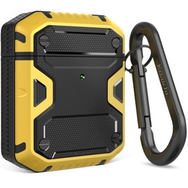 Koaichi Compatible with AirPods Case, Full-Body Rugged Hard Shell Protective Case Cover with Keychain Designed for AirPods 1st & 2nd, Black/Yellow
