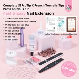 Saviland Soft Gel Press On Toenails Set, 216 Pieces, Pink White Gradient French Toenails, Short Square Full Cover Artificial Toenails with Nail Glue Gel, Solid Gel Nail Glue, Nail Lamp, Nail Cutter,