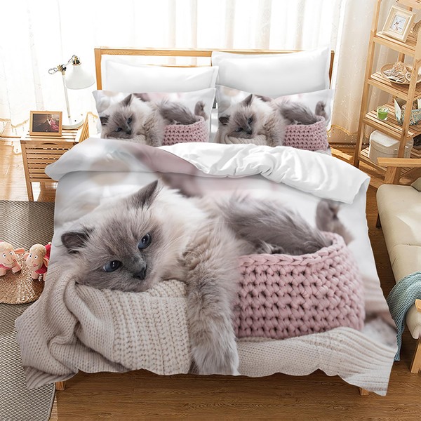 Leleyouzer Cat Bed Linen Set, 3D Bed Linen Cat Motif