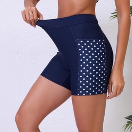 Halcurt Women's 5" High Waisted Swim Board Shorts with Pocket Boyshorts Swimsuit Bottoms Navy Polka Dot XL