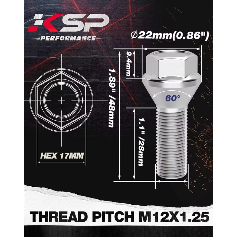 KSP M12x1.25 Wheel Lug Bolts, 20PCS Extended OEM/Stock Wheel Studs