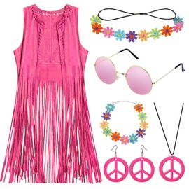 YADODO Hippie Costume Women's Vest Set Hippie Clothing Women's Accessories Bolero Vintage Pink 60s 70s Clothing Women's 70s Outfit Women's Disco Brown Fringe Vest Women's Hippie Fancy Dress Costumes