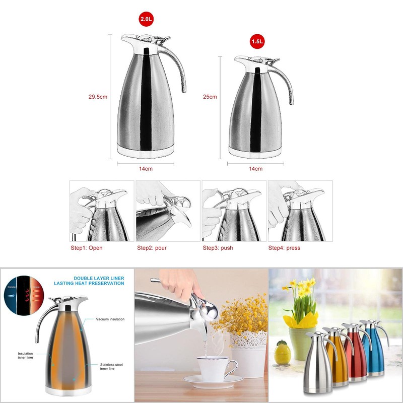 Stainless Steel Thermal Coffee Pot with Lid / Double-Walled Vacuum