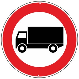 Publimania Traffic Sign Entryway for Trucks Prohibited 3 mm Thick Round Aluminium Composite Sign for Outdoor Use Diameter 30 (Access Prohibited Trucks)