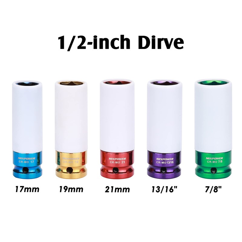 MIXPOWER 5 Pieces 1/2" Drive Wheel Protector Impact Socket Set,