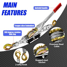 FITHOIST Come Along Winch 2T Pulling Capacity 7FT Steel Cable 2 Hooks Heavy Duty Ratchet Power Puller Tool with Dual Gears Hand Winch Cable Automotive Hoist Winch Puller