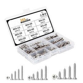 265pcs M3/M4/M5 Self-Tapping Screws Assortment Kit,304 Stainless Steel Wood Screw Phillips Flat Head with Storage Box | for Homemade Repairment Woodwork