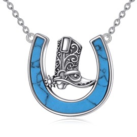 POPLYKE Turquoise Horseshoe Cowgirl Boots Necklace Sterling Silver Western Wild West Cowgirl Texas Boot Horse Lover Gift