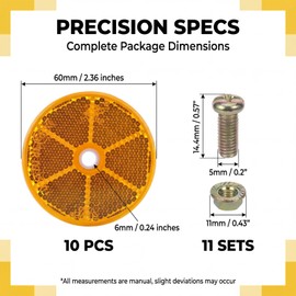10 catarifrangenti rotondi da avvitare, catarifrangenti a forma di occhi di gatto, diametro 60 mm, colore giallo, per rimorchio per bicicletta, camion, auto, rimorchio, accessori