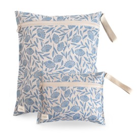 mushie Water Resistant Wet Bags | Large & Small Reusable Storage Bag for Baby Items and Travel | Zippered Pockets with Handle | Machine Washable, Set of 2 (Blue Flowers)