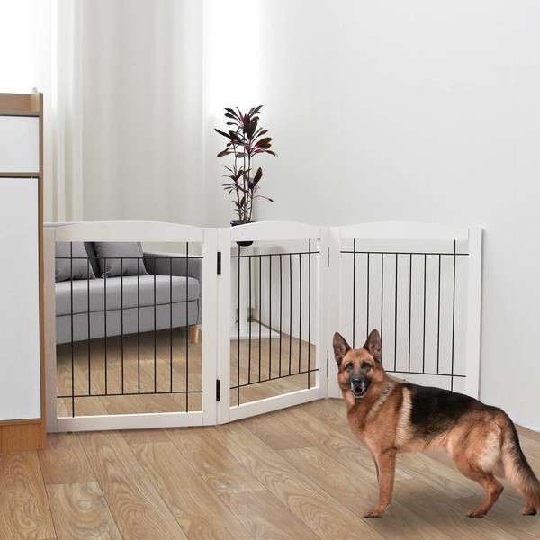 ZJSF Freestanding Foldable Dog Gate for House Extra Wide Wooden White Indoor Puppy Gate Stairs Dog Gates Doorways Pet Gate Tall Dog Fence 3 Panels Fence