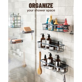 Veken Adhesive Shower Caddy 6-Pack,Heavy Weight Bearing,Large Wall Mounted Shower Shelves Rack,Organizer Storage Accessories with Soap Dish&Toothbrush Holder,Ideal for Bathroom,Home&Kitchen,Grey