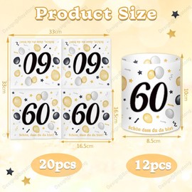 Pack of 20 Napkins 60th Birthday + 12 Pieces Lantern Table Decoration 60th Birthday + 500 Pieces Confetti for 60th Birthday Decoration 60th Birthday Man Woman Table Decoration 60 Years Black Gold