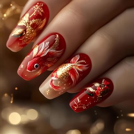 Koi Fish Press on Nails Medium Ballet Shaped Full Cover Glossy Acrylic Fake Nails Cute Fish Pattern Design Red Artificial Fingernails Medium Stick on Nail DIY Press Ons Glue on Nails for Women 24Pcs