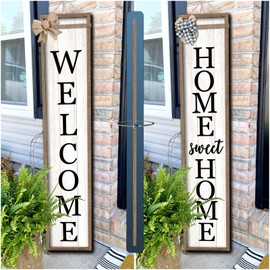Outdoor Welcome Sign for Front Porch Standing Large 2 Sided 45"X9" Wooden Frame Tall Vertical Leaner Long Home Sweet Home Front Door Sign for Rustic Outside Farmhouse Modern Decor (Wood White)