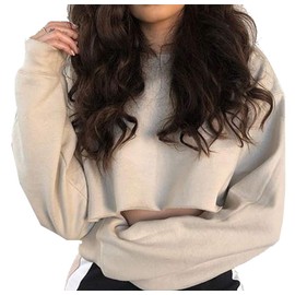 Artfish Women's Crewneck Long Sleeve Workout Casual Cropped Teen Loose Sweatshirts Hoodie Tan Beige l