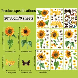 Sunflower Butterfly Window Stickers, Spring Summer Wild Flowers Window Clings, Double Sided Window Stickers for Office Home Doors Spring Easter Glass Decor, 9 Sheets in Total