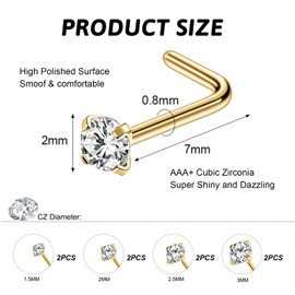 Kabwea 8 Piece 316L Nose Piercing Set in L-Shape, Nose Stud, Nose Piercing Stud, Nose Stud (1.5 mm, 2 mm, 2.5 mm, 3 mm, Gold)