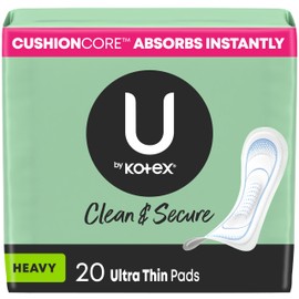 U by Kotex Ultra Thin Pads, Clean & Secure, Heavy Absorbency, 20 Count (Packaging May Vary)
